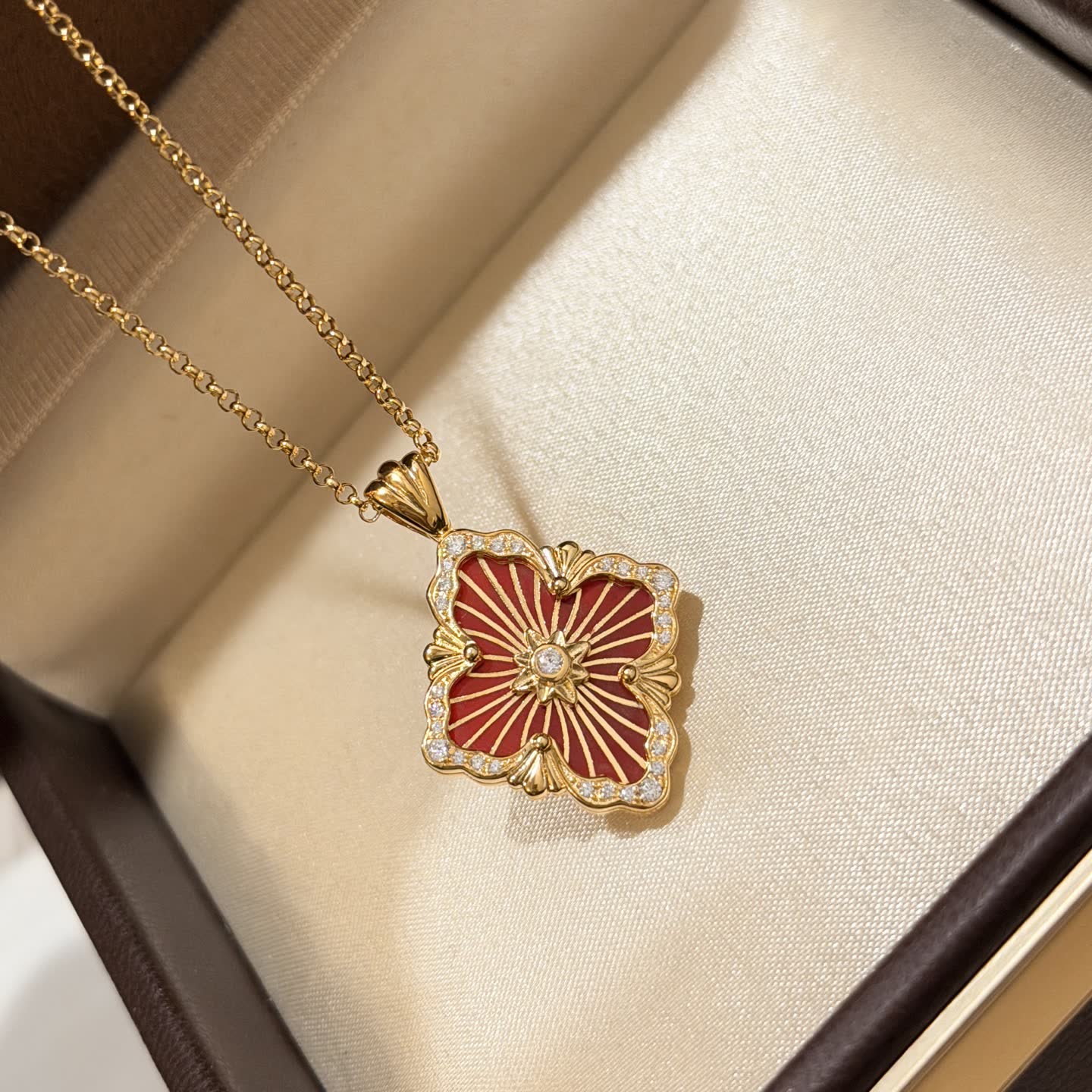 Van Cleef & Arpels Elegant Gold and Red Enamel Flower Pendant Necklace